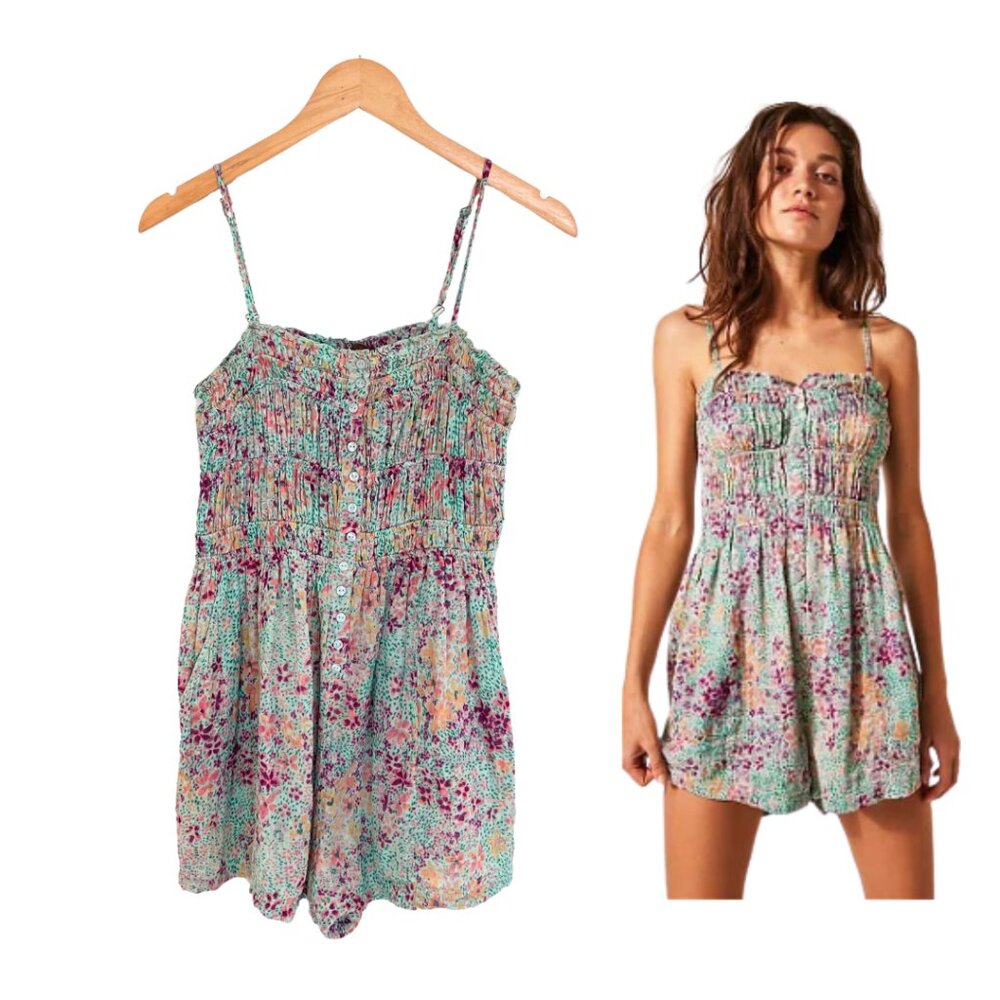 Free People Romper Women Small Shorts Sammi Floral Smocked Boho FP One 83224097